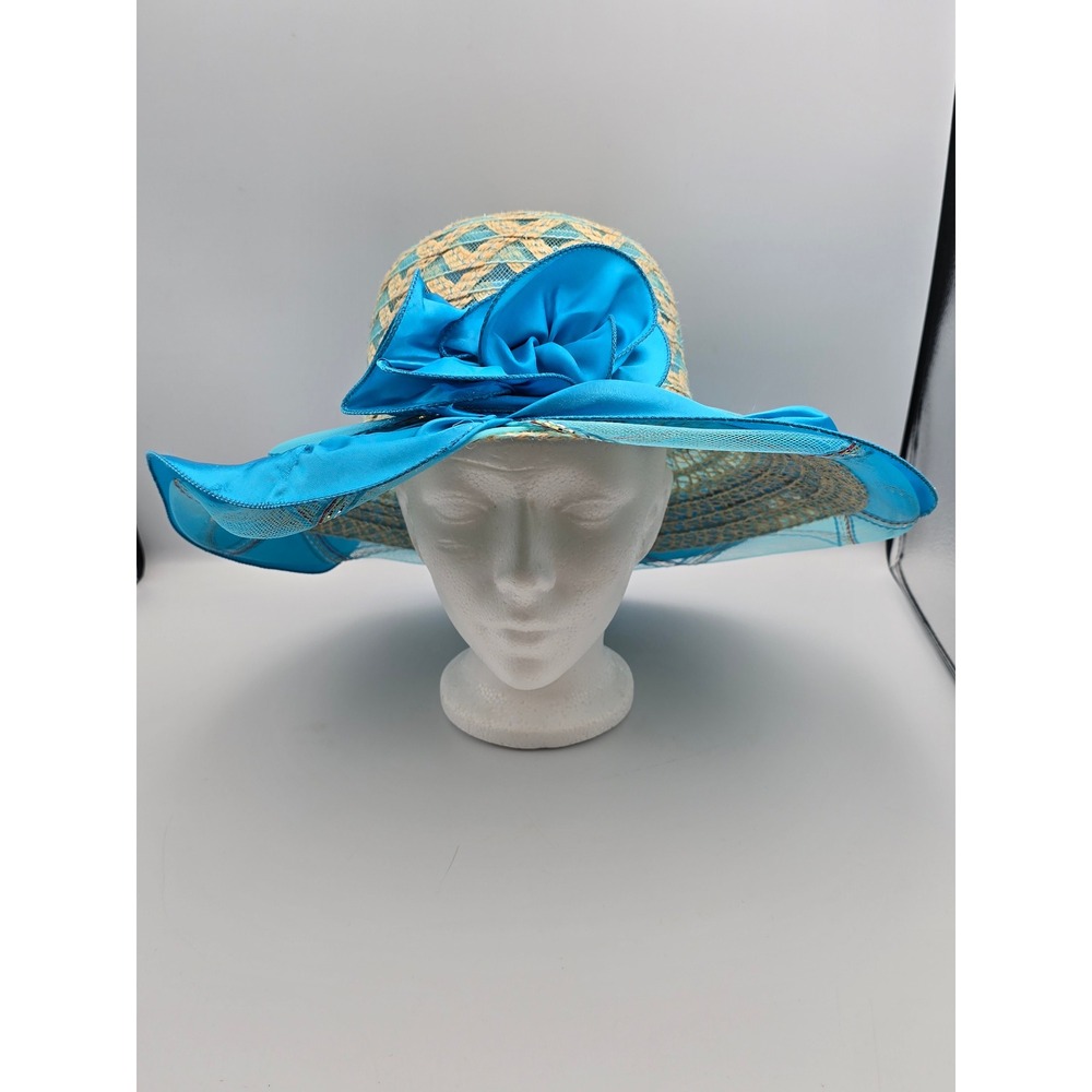 Unbranded Wide Brim Sun Hat‎ Women OS Blue Good Floral Mesh Kentucky Derby